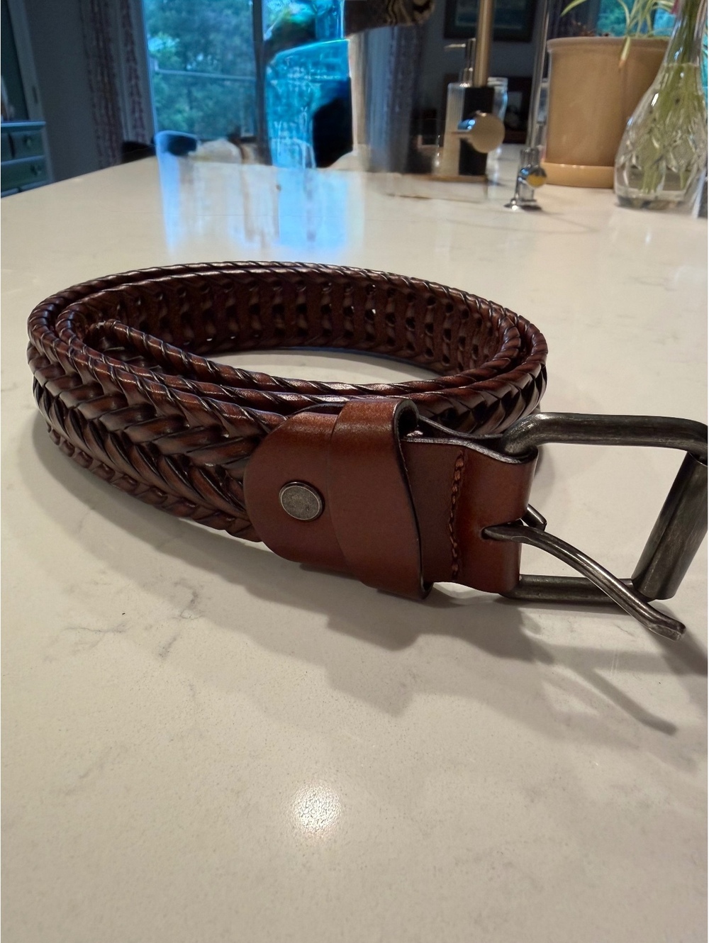 Mens Woven Leather Belt Preppy Academia Nautical Golf Size 38 40 Brass hardware